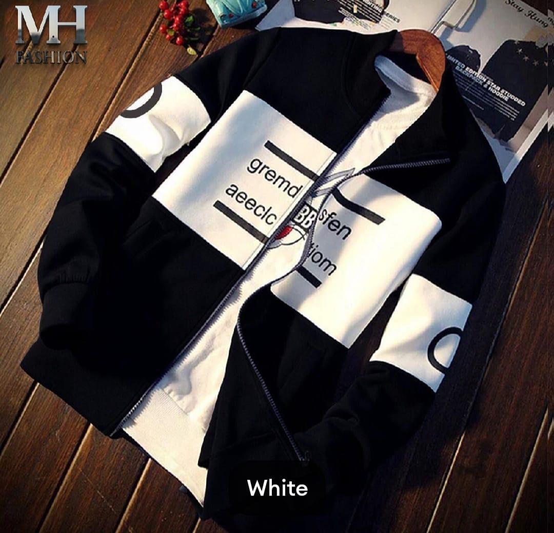 Men's Zipper Fleece Jacket - 1 Pc, Black & White Printed Style